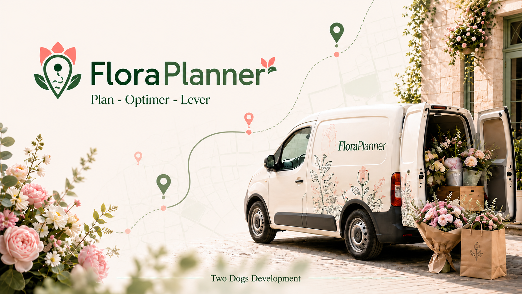 FloraPlanner leveringsvogn fyldt med blomster